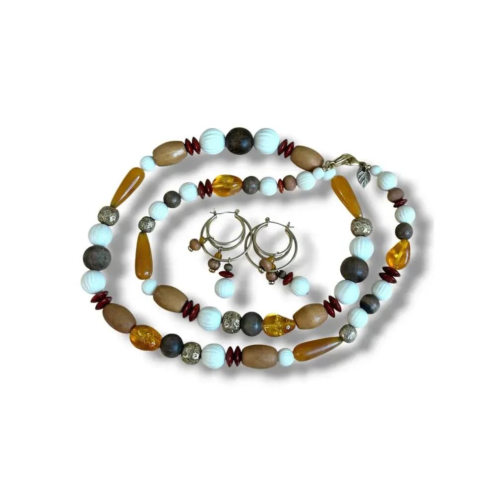 Vintage Liz Claiborne Autumn Hues Beaded Necklace Earrings Matching Set